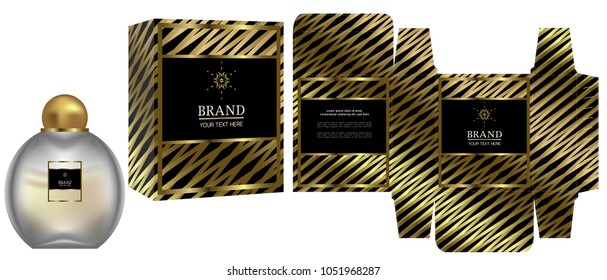 Packaging design, Label on cosmetic container with black and gold luxury box template and mockup box, illustration vector.	