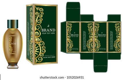 Packaging design, Label on cosmetic container with green and gold luxury box template and mockup box. illustration vector.