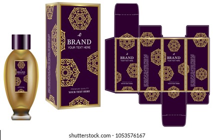 Packaging design, Label on cosmetic container with gold luxury box template and mockup box, illustration vector.	