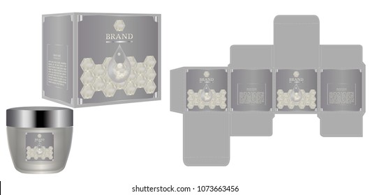 Packaging design, label on cosmetic container with luxury box template and mockup box. Vector illustration.	