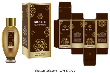 Packaging design, Label on cosmetic container with gold luxury box template and mockup box. illustration vector.	
