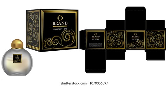 Packaging design, Label on cosmetic container with black and gold luxury box template and mockup box. illustration vector.
