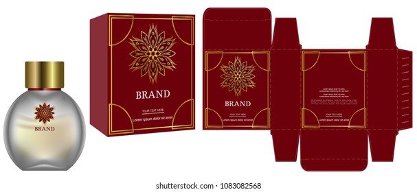 Packaging design, Label on cosmetic container with red and gold luxury box template and mockup box. illustration vector.