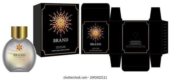 Packaging design, Label on cosmetic container with black and gold luxury box template and mockup box. illustration vector.	