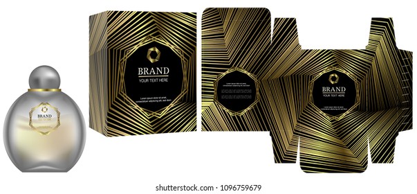 Packaging design, Label on cosmetic container with black and gold luxury box template and mockup box, illustration vector.	