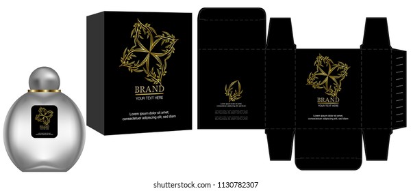 Packaging design, Label on cosmetic container with black and gold luxury box template and mockup box. illustration vector.	
