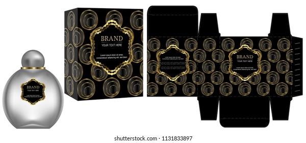 Packaging design, Label on cosmetic container with black and gold luxury box template and mockup box. illustration vector.
