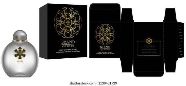 Packaging design, Label on cosmetic container with black and gold luxury box template and mockup box. illustration vector.	