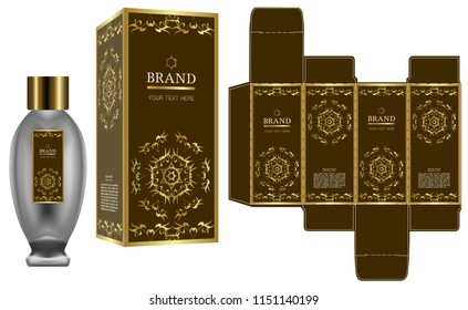 Packaging design, Label on cosmetic container with gold luxury box template and mockup box. illustration vector.