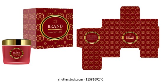 Packaging design, Label on cosmetic container with red and gold luxury box template and mockup box. illustration vector.	