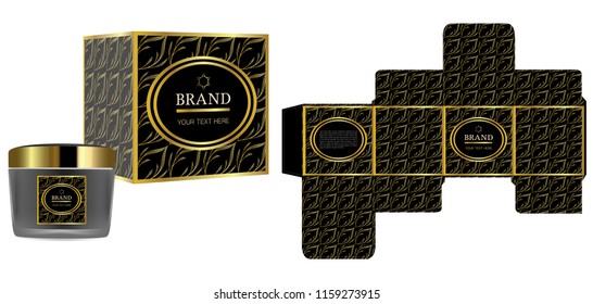 Packaging design, Label on cosmetic container with black and gold luxury box template and mockup box. illustration vector.
