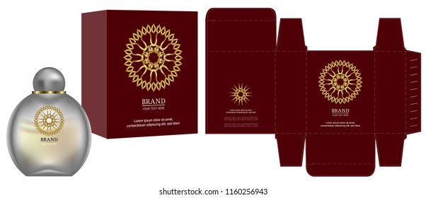 Packaging design, Label on cosmetic container with red and gold luxury box template and mockup box. vector illustration.	