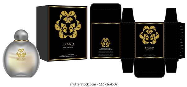 Packaging design, Label on cosmetic container with black and gold luxury box template and mockup box. vector illustration.	