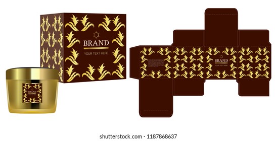 Packaging design, Label on cosmetic container with gold luxury box template and mockup box. illustration vector.	