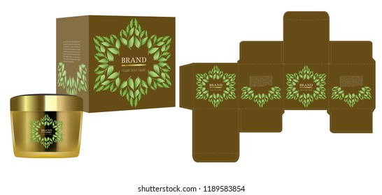 Packaging design, Label on cosmetic container with green and gold luxury box template and mockup box. illustration vector.	
