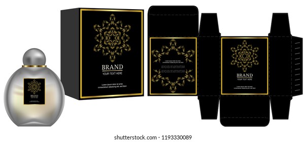 Packaging design, Label on cosmetic container with black and gold luxury box template and mockup box. vector illustration.	