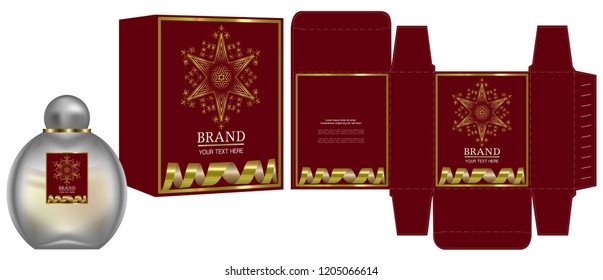 Packaging design, Label on cosmetic container with red and gold luxury box template and mockup box. vector illustration.	