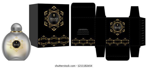 Packaging design, Label on cosmetic container with black and gold luxury box template and mockup box. vector illustration.	