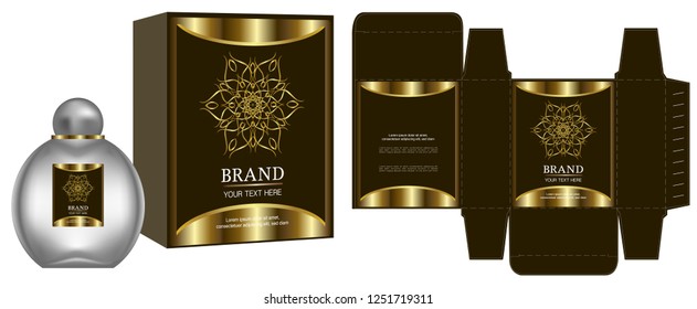 Packaging design, Label on cosmetic container with gold luxury box template and mockup box. vector illustration.	
