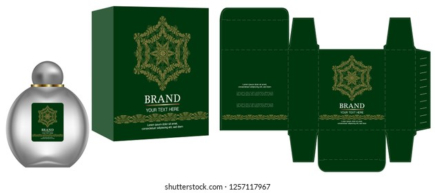 Packaging design, Label on cosmetic container with green and gold luxury box template and mockup box. illustration vector.