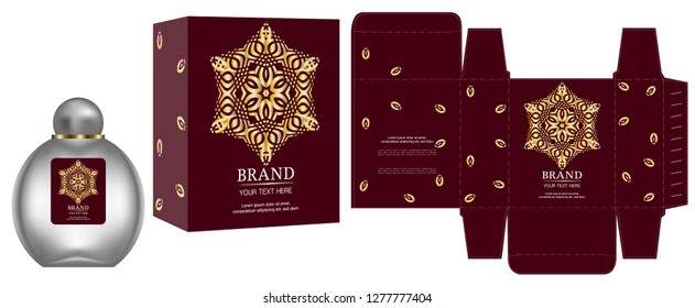 Packaging design, Label on cosmetic container with red and gold luxury box template and mockup box. illustration vector.	