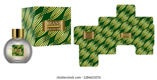 Packaging design, Label on cosmetic container with green and gold luxury box template and mockup box. illustration vector.