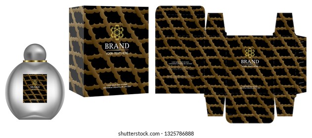 Packaging design, Label on cosmetic container with black and gold luxury box template and mockup box. illustration vector.	