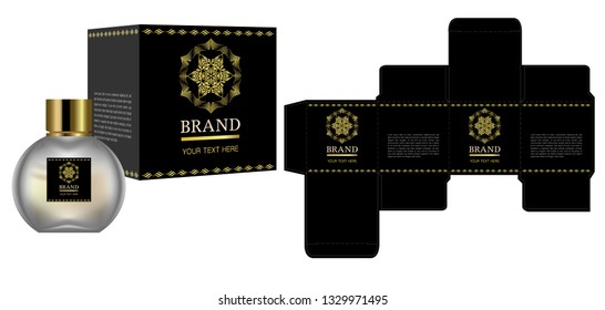 Packaging design, Label on cosmetic container with black and gold luxury box template and mockup box, illustration vector.	