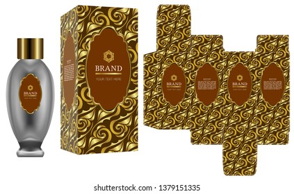 Packaging design, Label on cosmetic or perfume container with gold luxury box template and mockup box.