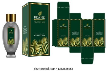 Packaging design, Label on cosmetic container with green and gold luxury box template and mockup box, illustration vector.	