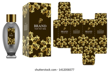 Packaging design, Label on cosmetic or perfume container with gold luxury box template and mockup box.	