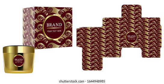 Diseño de embalajes, Etiqueta en recipiente cosmético con plancha de caja de lujo dorado y caja de maquillaje, vector de ilustración.	