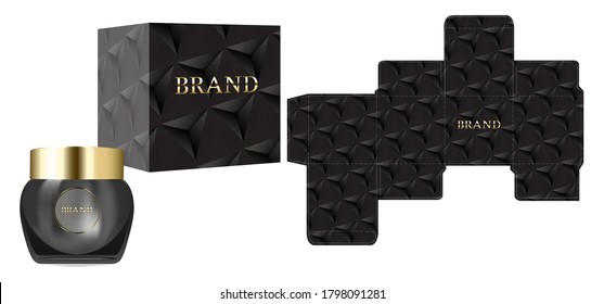 Diseño de embalajes, Etiqueta en contenedor cosmético con plantilla de caja de lujo negro y caja de maquillaje, vector de ilustración.	