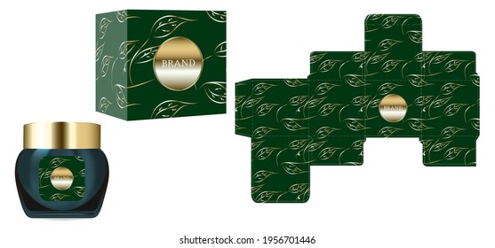 Packaging design, Label on the cosmetic container with green and gold luxury box template and mockup box, illustration vector.	
