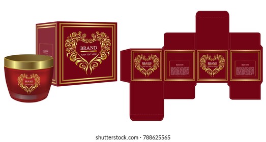 Packaging design, Label on cosmetic container with heart shaped ornament luxury box template and mockup box. illustration vector.	