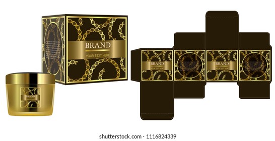 Packaging design, Label on gold cosmetic container with luxury box template and mockup box, illustration vector.