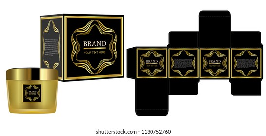 Packaging design, Label on gold cosmetic container with black and gold luxury box template and mockup box, illustration vector.	