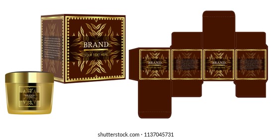 Packaging design, Label on gold cosmetic container with luxury box template and mockup box, illustration vector.	
