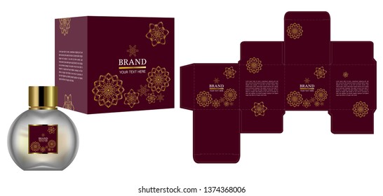 Packaging design, Label on perfume or cosmetic container with red and gold luxury box template and mockup box, illustration vector.	