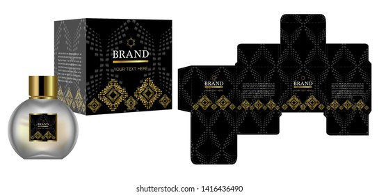 Packaging design, Label on perfume or cosmetic container with black and gold luxury box template and mockup box, illustration vector.