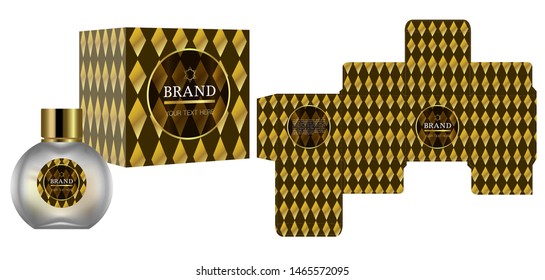 Packaging design, Label on perfume or cosmetic container with gold luxury box template and mockup box, illustration vector.	