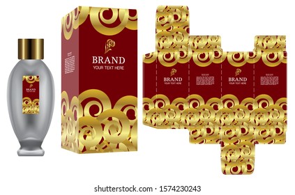 Packaging design, Label on perfume or cosmetic container with red and gold luxury box template and mockup box, illustration vector.	