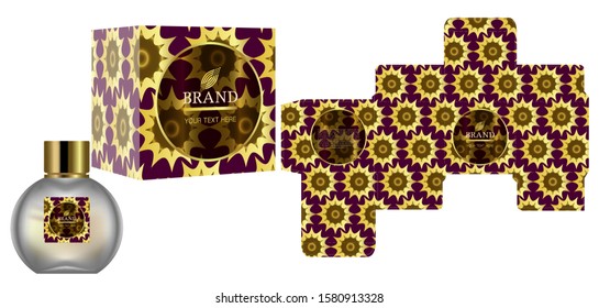 Packaging design, Label on perfume or cosmetic container with gold luxury box template and mockup box, illustration vector.	