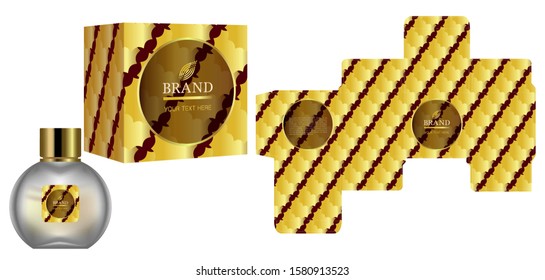 Packaging design, Label on perfume or cosmetic container with gold luxury box template and mockup box, illustration vector.	