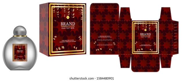 Packaging design, Label on perfume or cosmetic container with red and gold luxury box template and mockup box, illustration vector.	