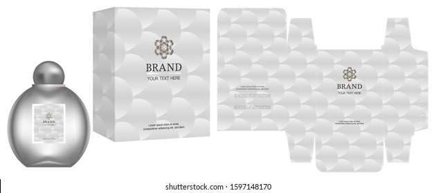 Packaging design, Label on perfume or cosmetic container with white luxury box template and mockup box, illustration vector.	
