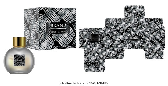 Packaging design, Label on perfume or cosmetic container with black luxury box template and mockup box, illustration vector.	
