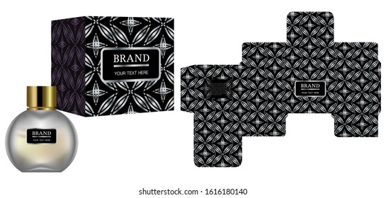 Packaging design, Label on perfume or cosmetic container with black luxury box template and mockup box, illustration vector.	