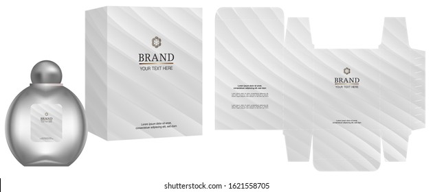 Packaging design, Label on perfume or cosmetic container with white luxury box template and mockup box, illustration vector.	