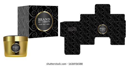 Packaging design, Label on perfume or cosmetic container with black luxury box template and mockup box, illustration vector.	